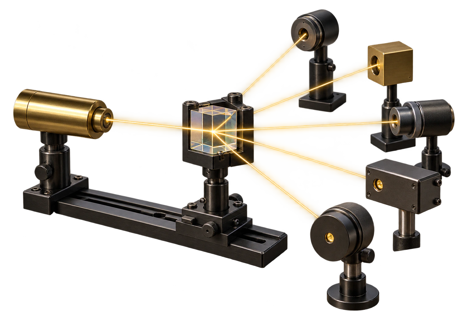 A beam splitter on an optical rail. One gold laser beam enters a glass cube and leaves it as five beams, each to a different sensor: five independent devices.