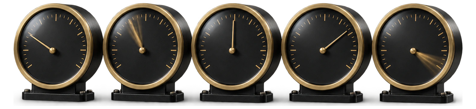 Five identical analog meters in a row. The needles stand at different positions and two are still swinging: the readings are arriving.