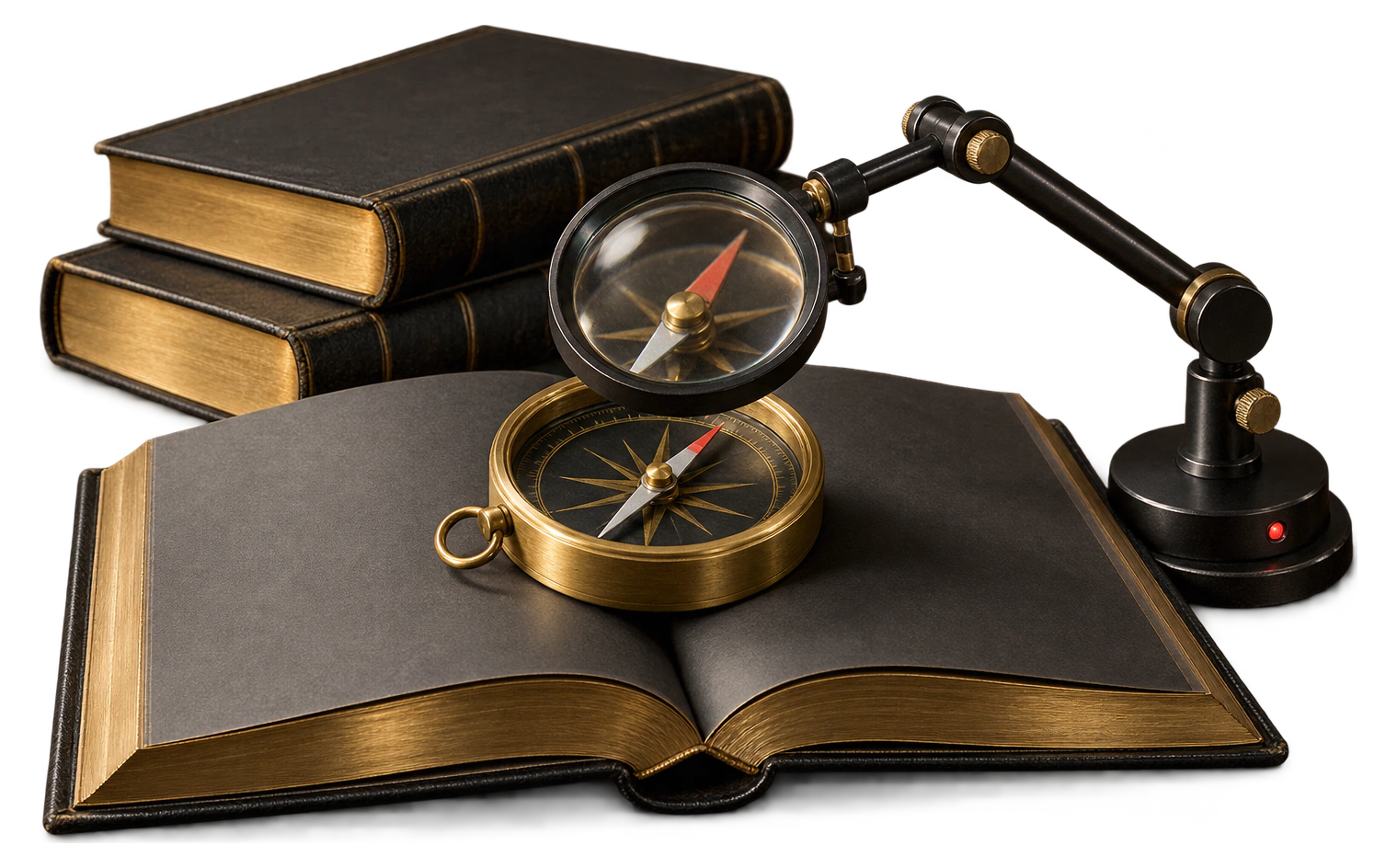 A compass with a deviating needle on an open book, an inspection magnifier on an arm above it. A small red lamp glows on the arm base, two closed books lie behind: the sources to check.